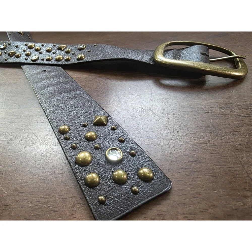 Studded Rhinestone Faux Leather Belt Brass Hardware Brown
